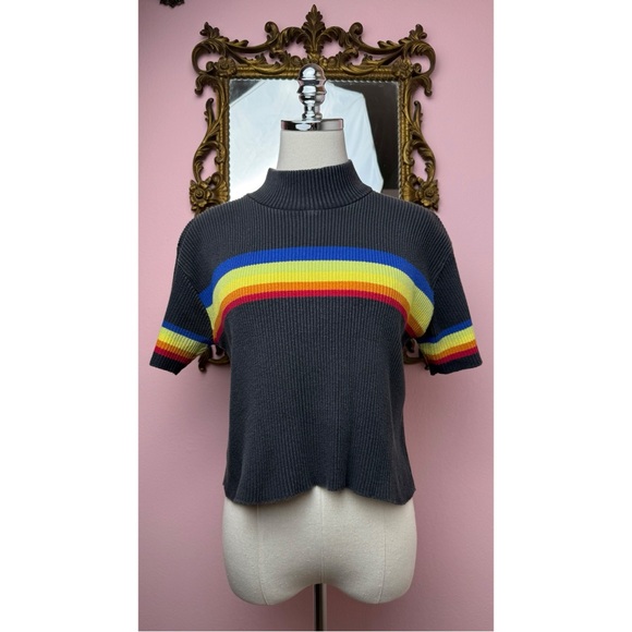 Xhilaration Tops - Vintage 90’s Xhilaration Black Rainbow Ribbed Mock Neck Crop Shirt Top Large